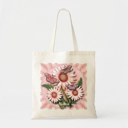 Butterfly Pink Daisies custom name Tote Bag