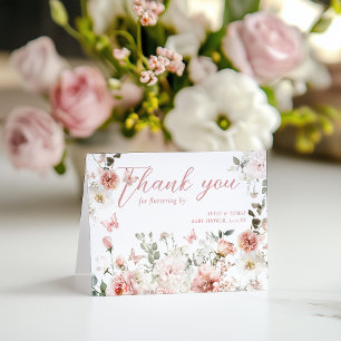 Butterfly Pink Floral Baby Shower fluttering by Letterpress Thank You Card