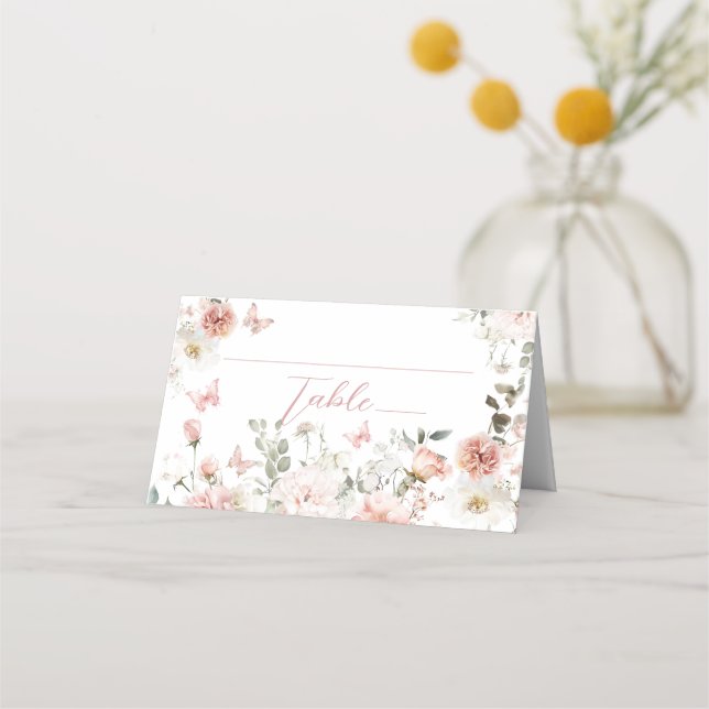 Butterfly Pink Floral Baby Shower fluttering by Place Card (Front)
