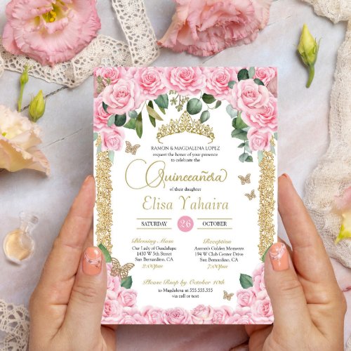 Butterfly Pink Floral Rose and Gold Quinceanera Invitation