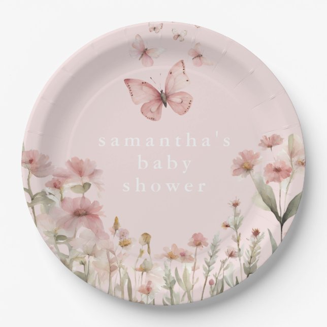 Butterfly pink floral wildflowers girl baby shower paper plates (Front)