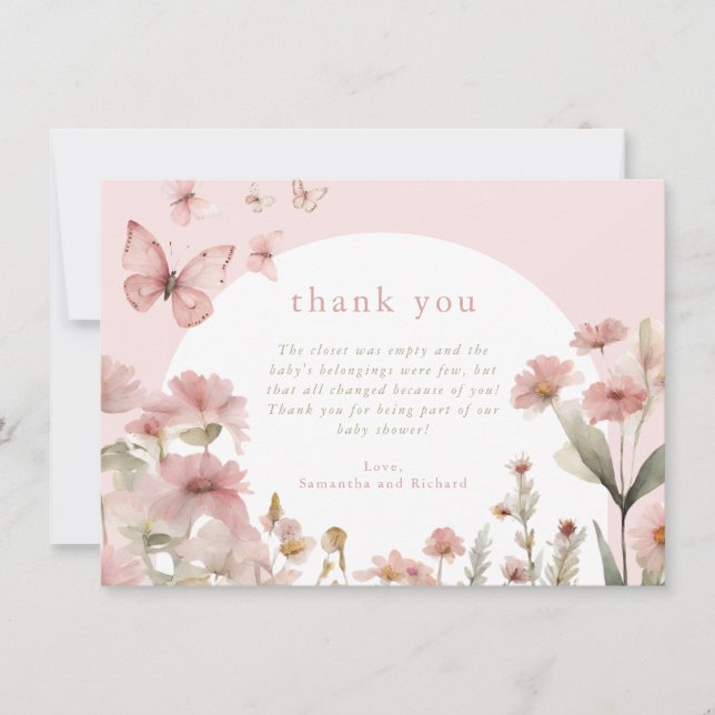 Butterfly pink floral wildflowers thank you card (Front)