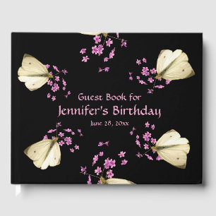 Butterfly Pink Flowers Birthday Party Guest Book
