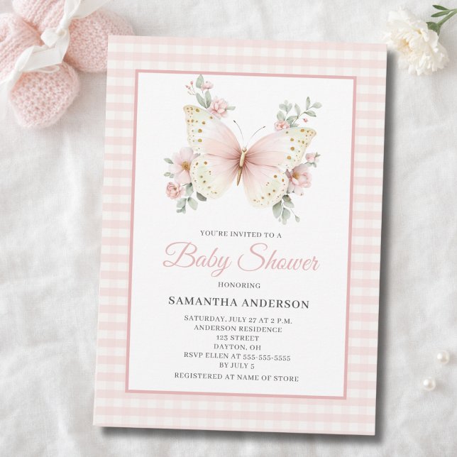 Butterfly Pink Gingham Floral Girl Baby Shower  Invitation (Creator Uploaded)