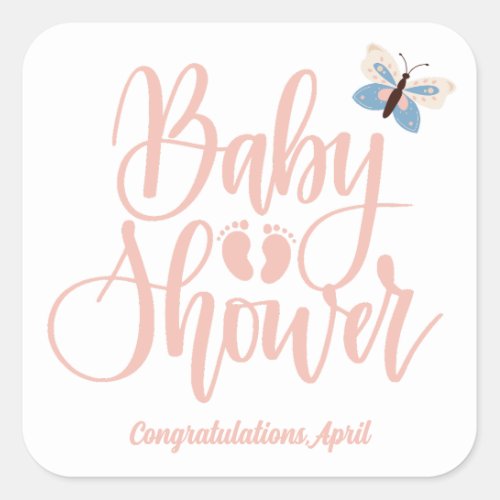 Butterfly Pink Girl Baby Shower Favor Square Sticker