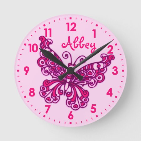 Butterfly Pink Girls Room Name Wall Clock