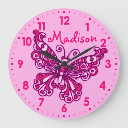 Butterfly Pink Girls Room Name Wall Clock