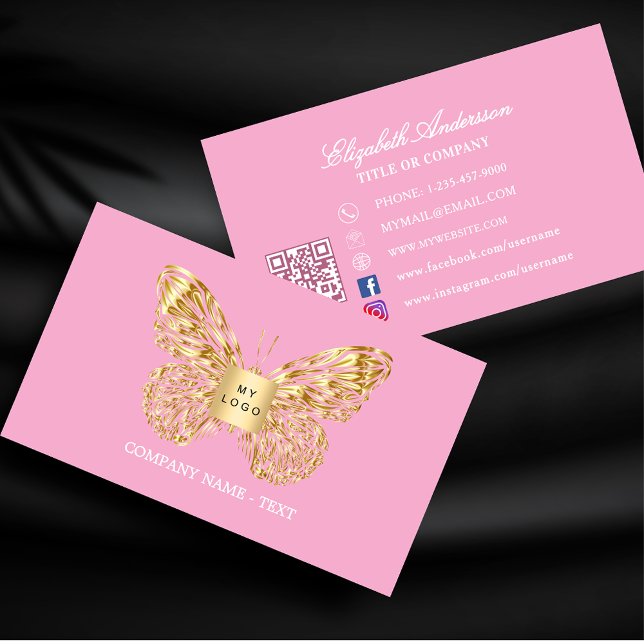 Butterfly pink gold logo QR code Business Card (Creator Uploaded)