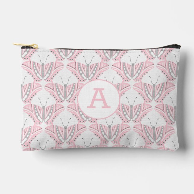 Butterfly pink gray monogram accessory pouch (Front)