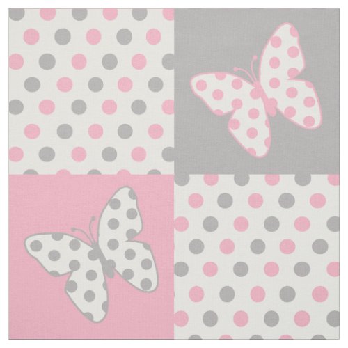 Butterfly Pink Gray Polka Dots Fabric