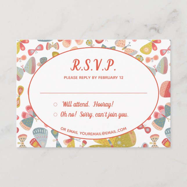 Butterfly Pink Green Wedding RSVP Enclosure Card (Front)