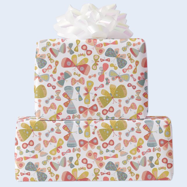Butterfly Pink Green Wrapping Paper (Watercolor butterfly pattern gift wrap in pastel pink, green and blue)