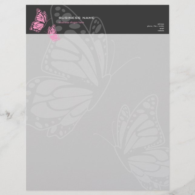 Butterfly Pink & Grey Elegant Modern Simple Letterhead (Front)