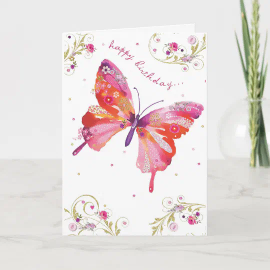 10/lot Romantic Handmade HAPPY BIRTHDAY Blank Greeting Butterfly Card-Pink/Ivory 