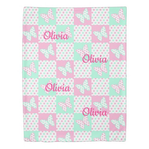 Butterfly Pink Mint Green Polka Dot Quilt Girl Duvet Cover