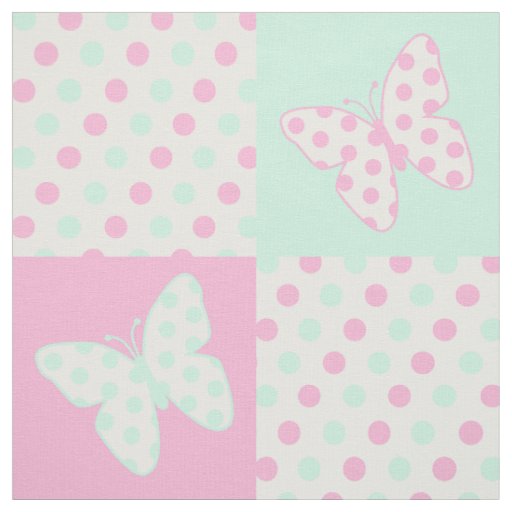 Butterfly Pink Mint Green Polka Dots Fabric