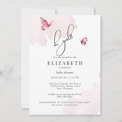 Butterfly Pink Oh Girl Baby Shower Invitation