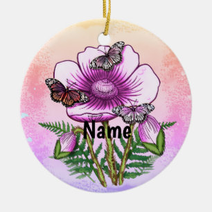 Butterfly Pink Poppy Ceramic Ornament