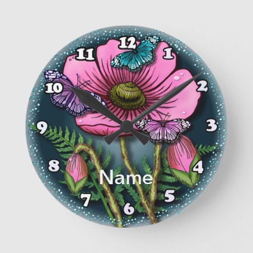 Butterfly Pink Poppy custom name Round Clock