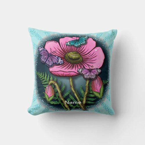 Butterfly Pink Poppy custom name Throw Pillow