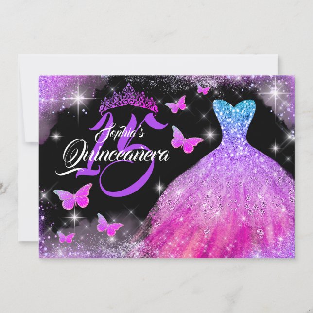 Butterfly Pink Purple Blue Dress Quinceanera  Invitation (Front)