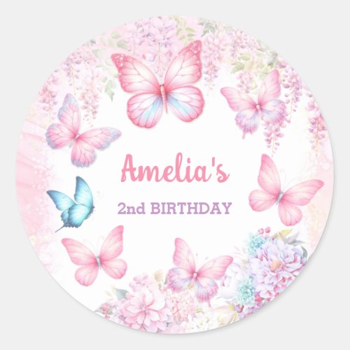 Butterfly Pink Purple Floral Summer Girl Birthday Classic Round Sticker