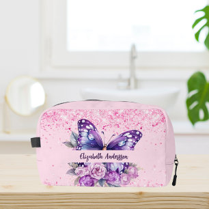 Butterfly pink purple flowers dopp kit