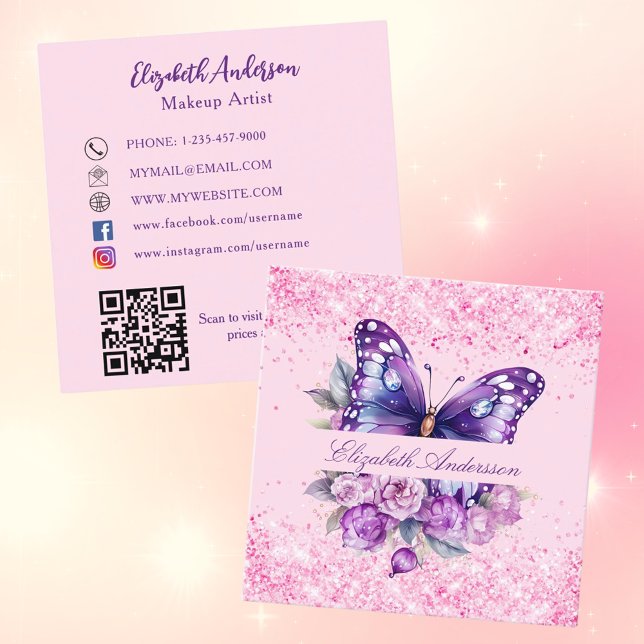Butterfly pink purple flowers QR code social media Square Business Card (Creator Uploaded)