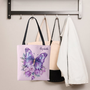 Butterfly pink purple flowers tote bag
