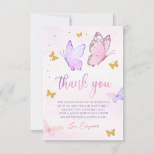 Butterfly Pink Purple Gold Girl Birthday Party Thank You Card