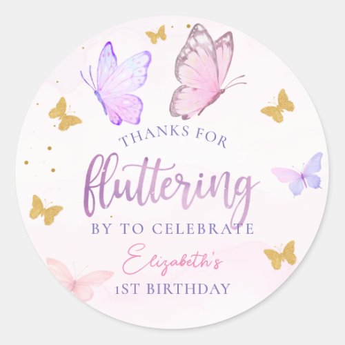 Butterfly Pink Purple Gold Girl First Birthday Classic Round Sticker