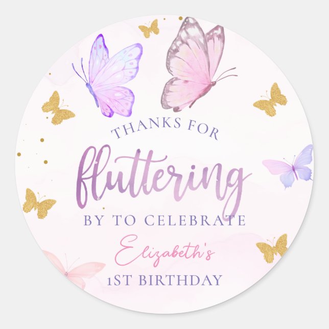 Butterfly Pink Purple Gold Girl First Birthday Classic Round Sticker (Front)