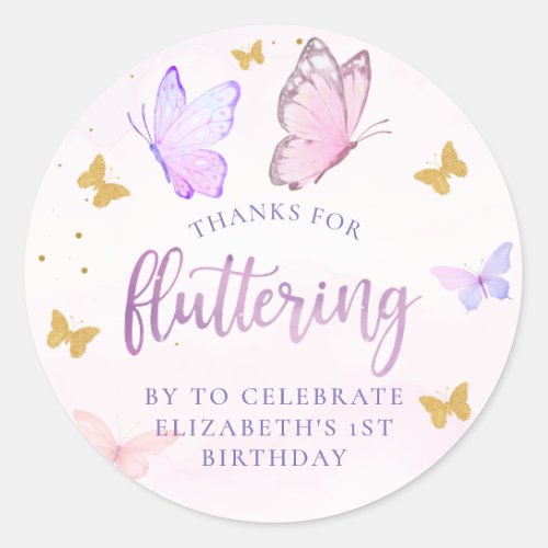 Butterfly Pink Purple Gold Girl First Birthday Classic Round Sticker