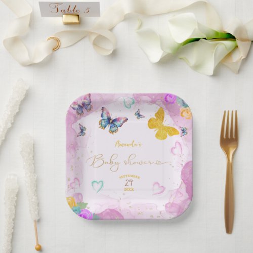 Butterfly pink purple gold  paper plates