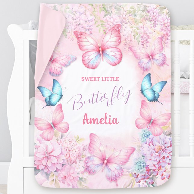 Butterfly Pink Purple Pastel Floral Name Girl Baby Blanket (Butterfly Pink Purple Pastel Floral Name Girl Baby Blanket)