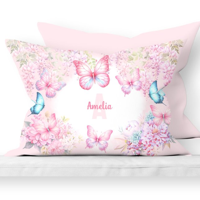 Butterfly Pink Purple Pastel Floral Name Girl Pillow Case (Butterfly Pink Purple Pastel Floral Name Girl Pillow Case)