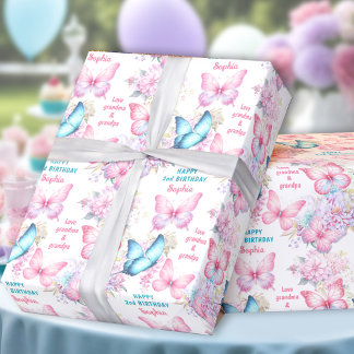 Butterfly Pink Purple Summer Birthday Name Text Wrapping Paper