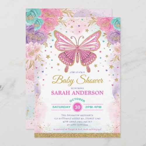 Pink gold purple butterfly girl baby shower invitation