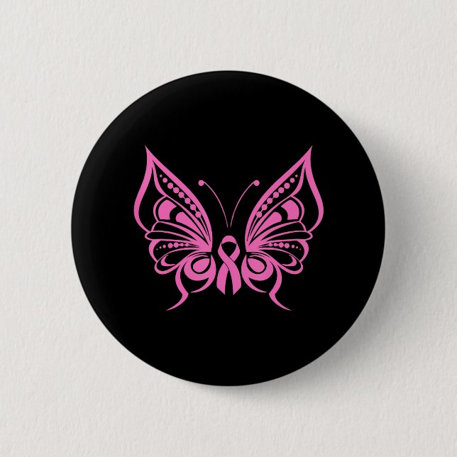 Butterfly Pink Ribbon Cute Breast Cancer Button (Front)