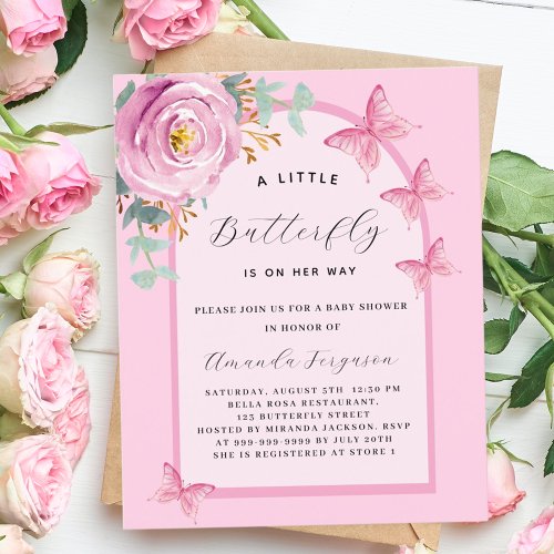 Butterfly pink rose floral arch budget Baby Shower