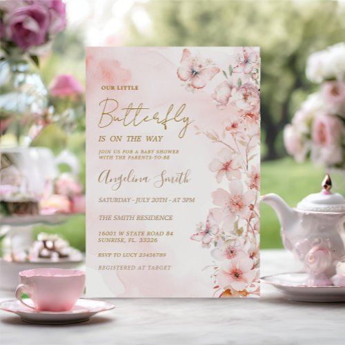 Butterfly Pink Rose Garden Girl Baby Shower  Invitation