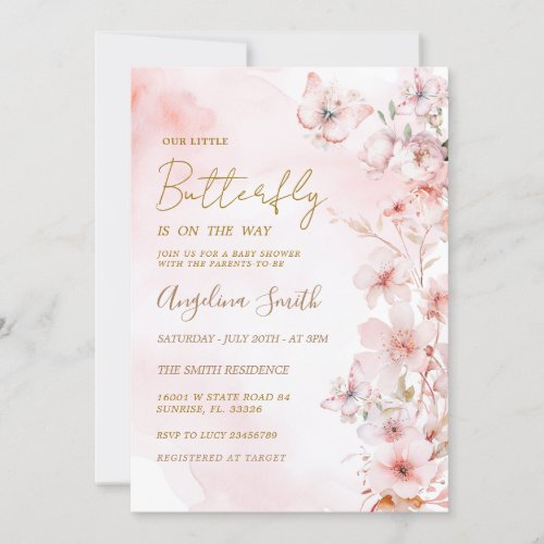 Butterfly Pink Rose Garden Girl Baby Shower  Invitation