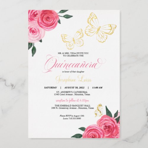 Butterfly Pink Roses Quinceanera Real Foil Invitation