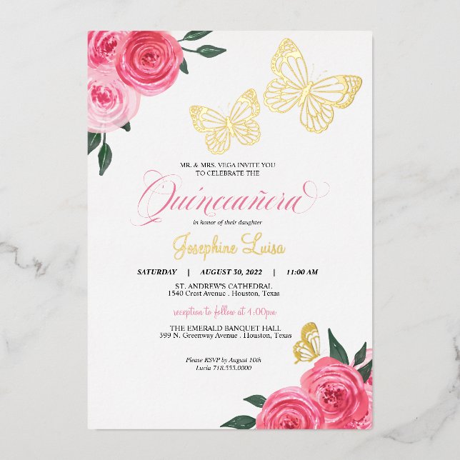 Butterfly Pink Roses Quinceanera Real Foil Invitation (Front)