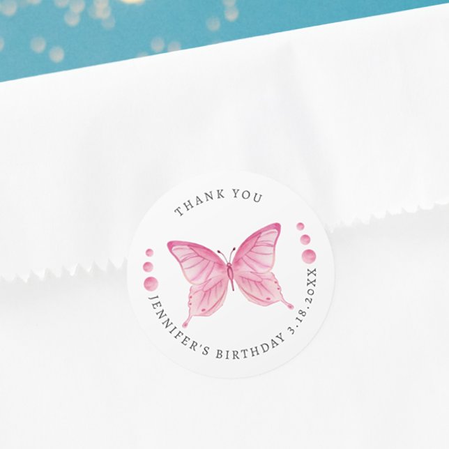 Butterfly Pink Watercolor Birthday Thank You Classic Round Sticker (Creator Uploaded)
