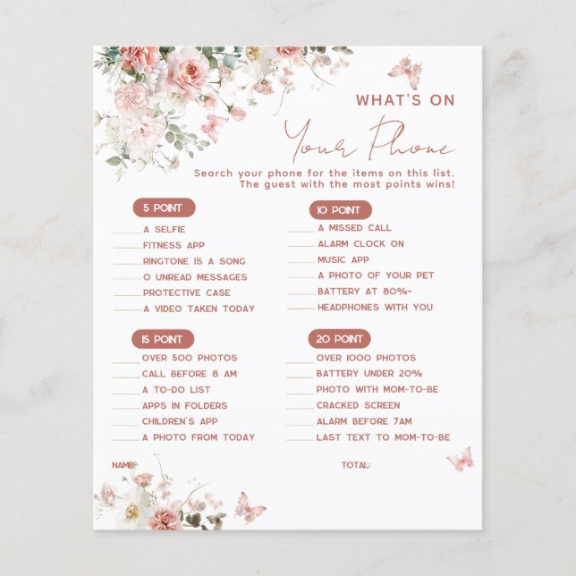 Butterfly Pink What's on Your Phone Baby Shower (Front)