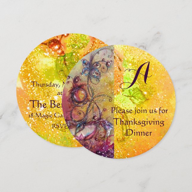 BUTTERFLY PLANT MONOGRAM FLORAL Thanksgiving Invitation (Front/Back)