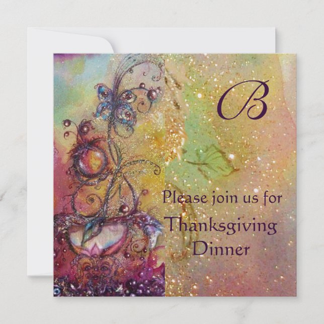 BUTTERFLY PLANT MONOGRAM Thanksgiving Dinner Pearl Invitation (Front)