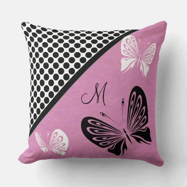Butterfly Polka dot on Pink Monogram Throw Pillow (Front)