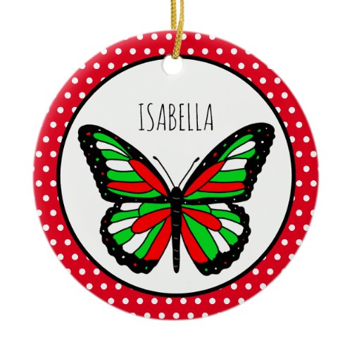 Butterfly Polka Dot Personalized Christmas Ceramic Ornament